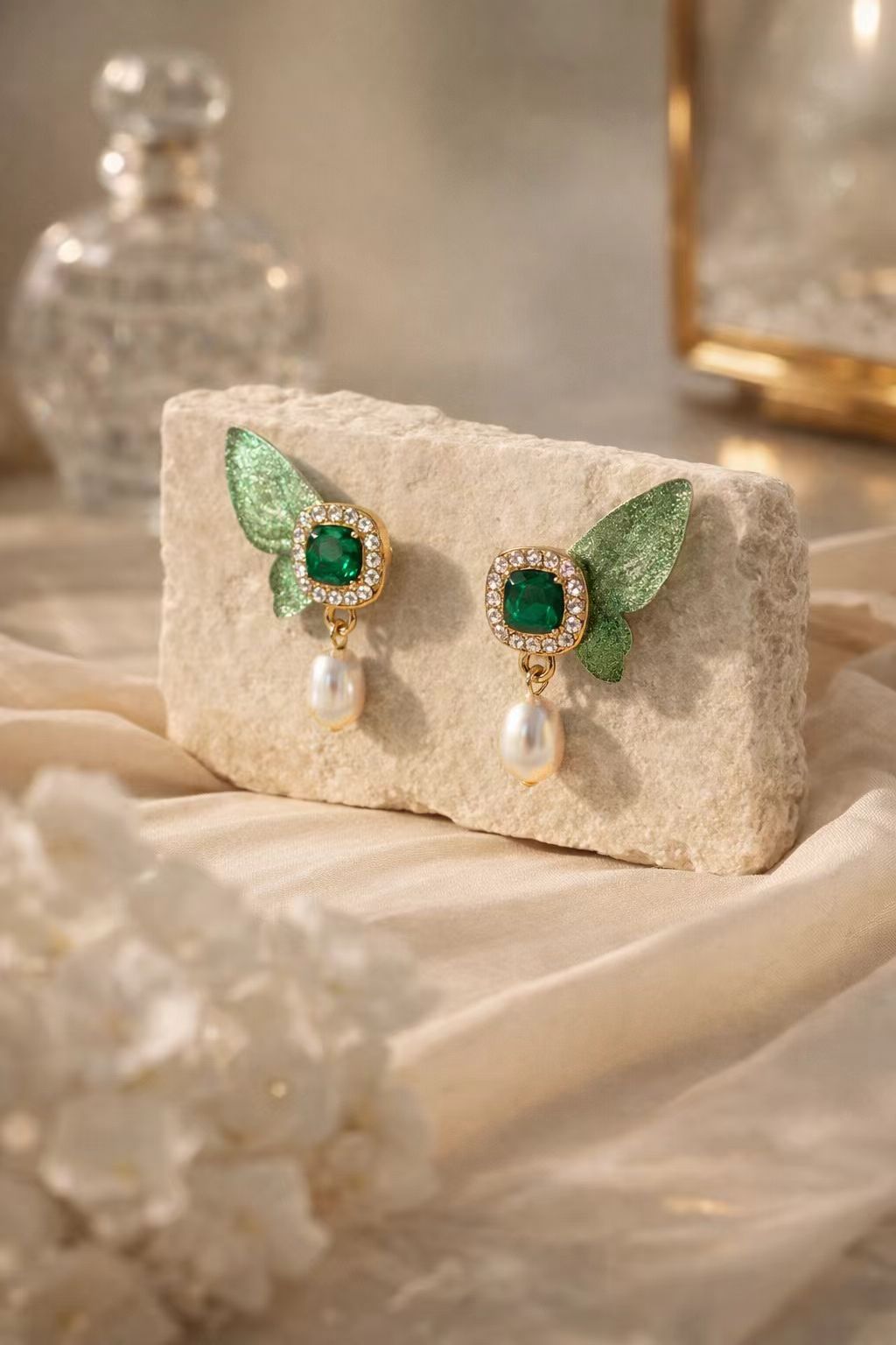 Butterfly Wing Earrings - Hand-sculpted Mulberry Silk Jewelry with Teardrop Pearls and Jewel-toned Accents - Elegant Artisan Handmade Gift for Women